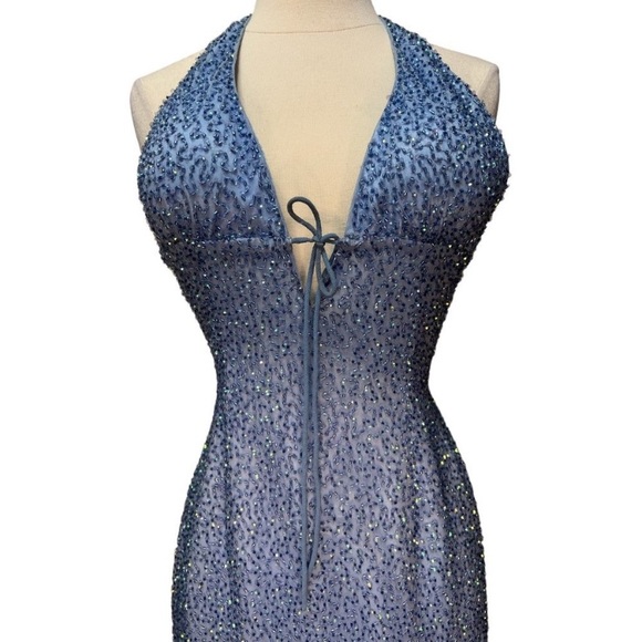 Vintage 90’s Y2K 100% Silk Dress Silk Slip Dress Mermaid Fairy Prom Blue Beaded - Picture 2 of 9